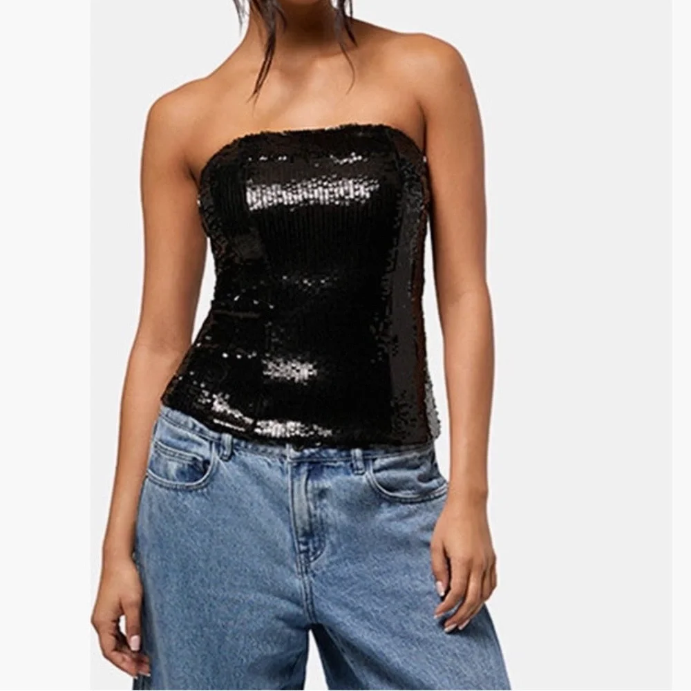 MICHAEL KORS Black Sequin Strapless Fitted Tube Top Size Small